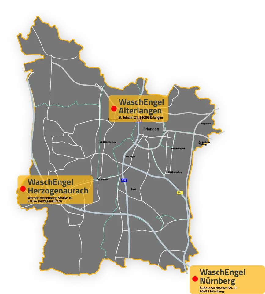 Karte der WaschEngel-Standorte in der Region Erlangen/Nürnberg